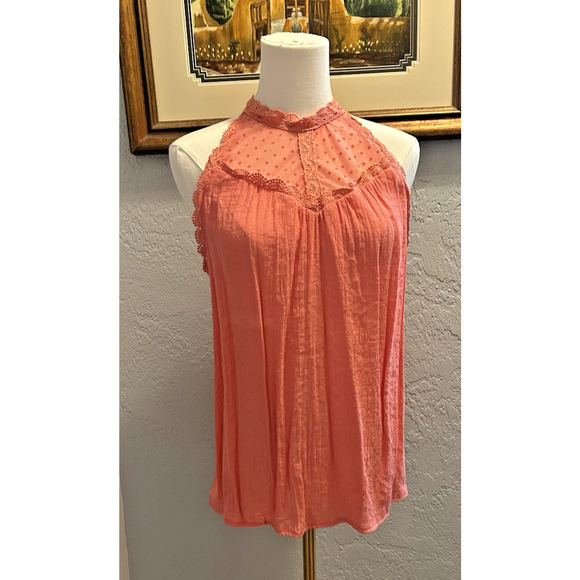 Mine Anthropology Tank Top M Scalloped Crochet Lace Funnel Neck Boho Chic Girly - Picture 1 of 9